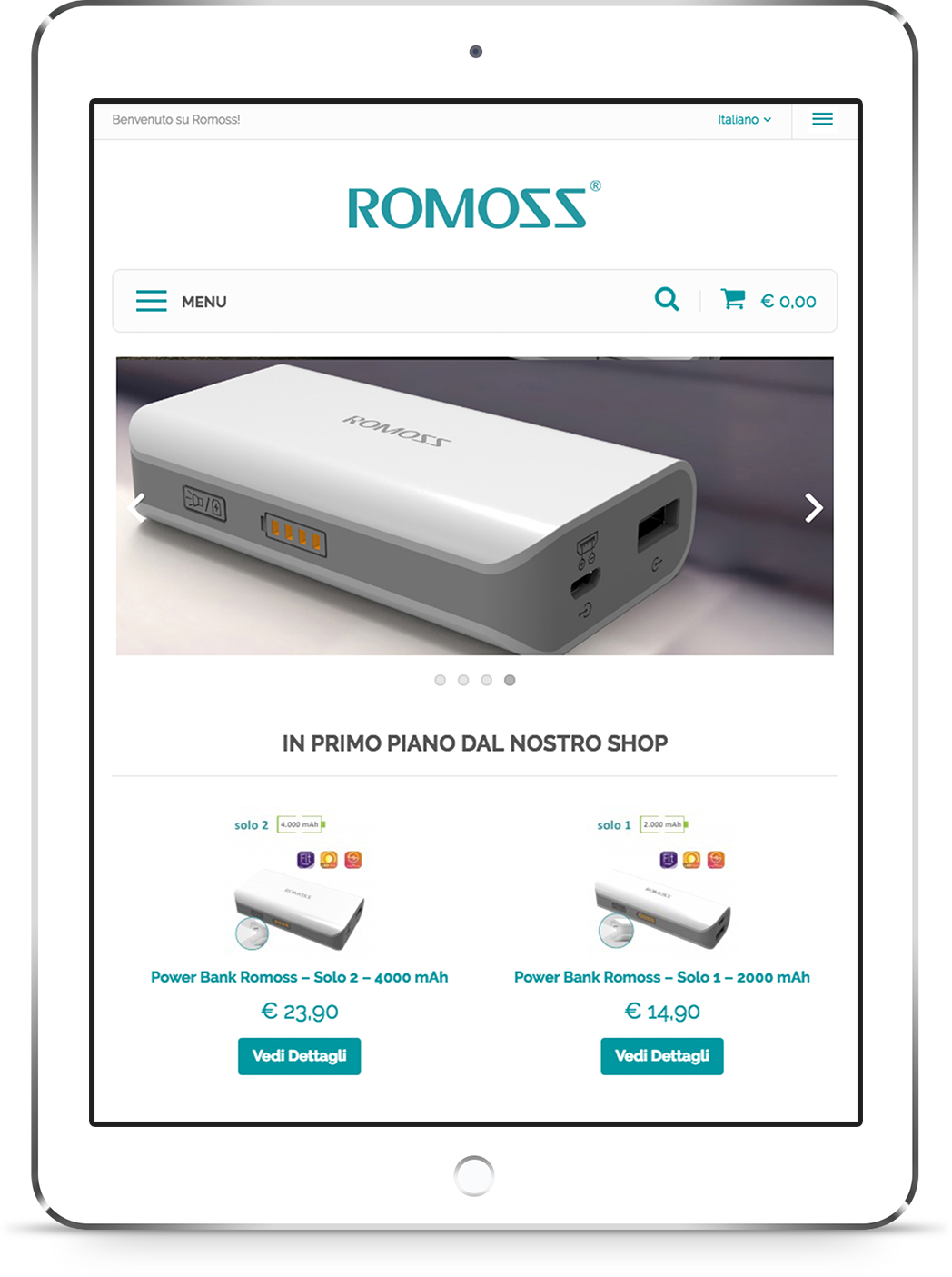 mockup iPad dello sviluppo della homepage del sito web ecommerce responsivo per Romoss visibile da tablet