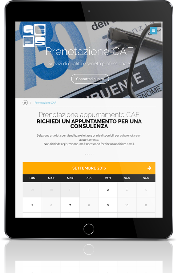 mockup dello sviluppo della pagina di calendario per prenotazione appuntamento del sito internet responsivo visibile da tablet per Geps