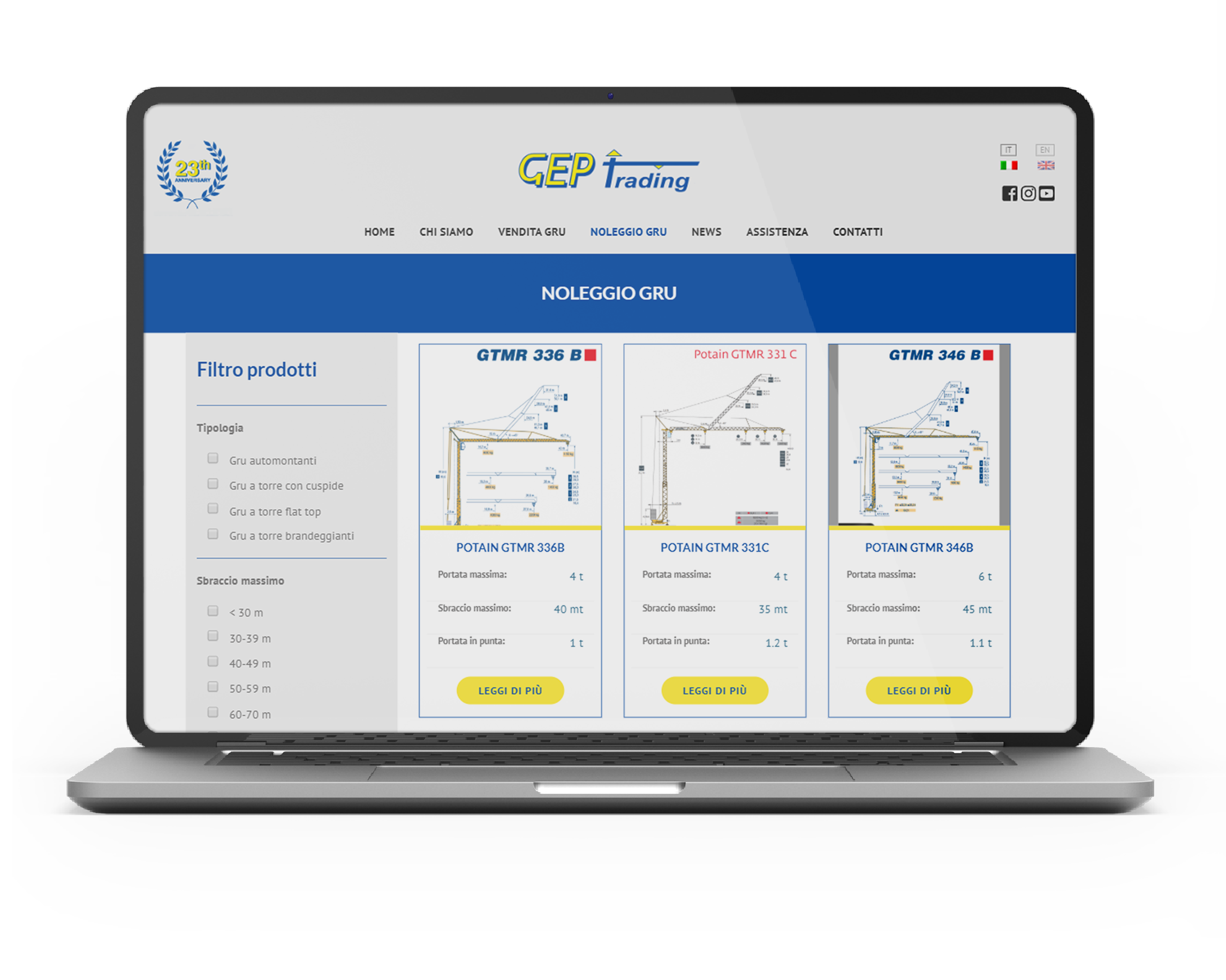 MockUp filtri noleggio gru GEP Trading